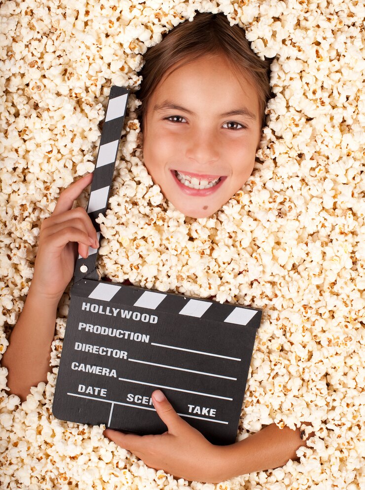 little girl buried in popcorn with movie clapper board